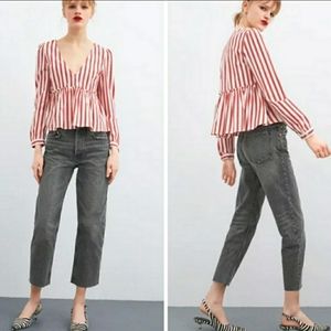 Zara Red Striped V-Neck Peplum Top 